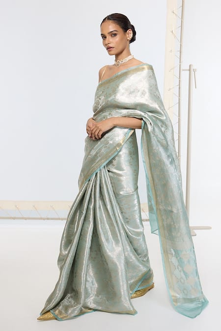 Buy Ekaya Banaras Green Silk, Tissue Embroidered Saree With Running Blouse Online at Aza Fashions Buy_Ekaya Banaras_Green Silk, Tissue Embroidered Saree With Running Blouse _Online_at_Aza_Fashions