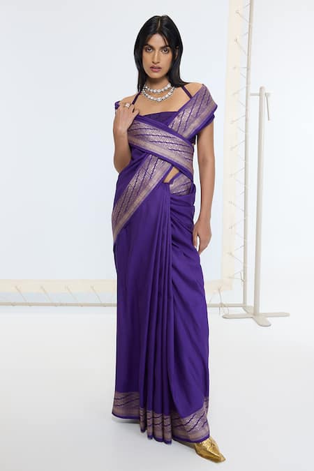 Ekaya Banaras Purple Silk Zari Kadwa Saree With Running Blouse