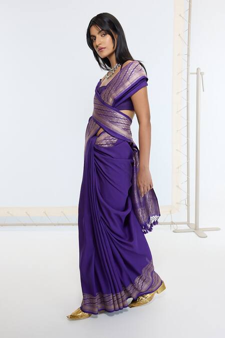Buy_Ekaya Banaras_Purple Silk Zari Kadwa Saree With Running Blouse _Online_at_Aza_Fashions