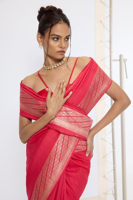 Buy_Ekaya Banaras_Pink Silk Zari Kadwa Saree With Running Blouse _Online_at_Aza_Fashions