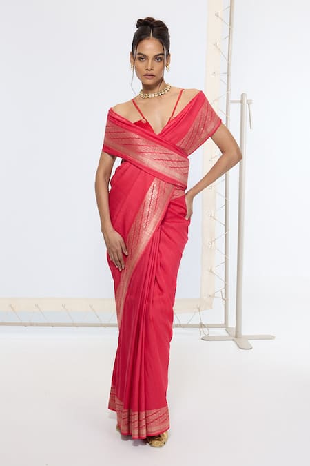 Ekaya Banaras Pink Silk Zari Kadwa Saree With Running Blouse