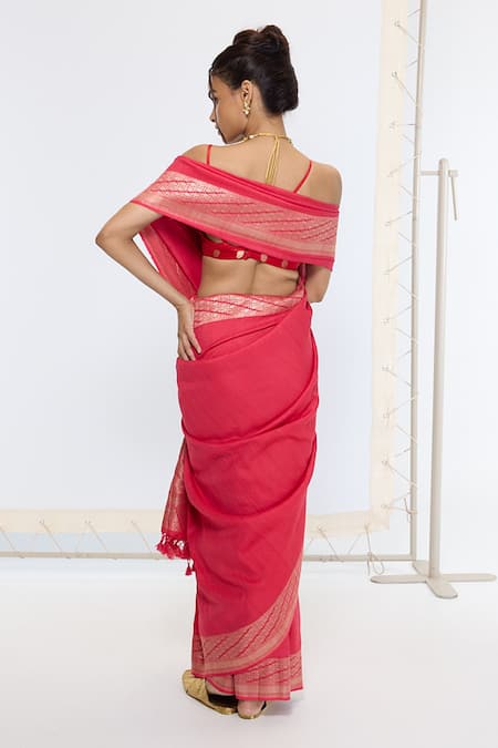 Ekaya Banaras_Pink Silk Zari Kadwa Saree With Running Blouse _Online_at_Aza_Fashions