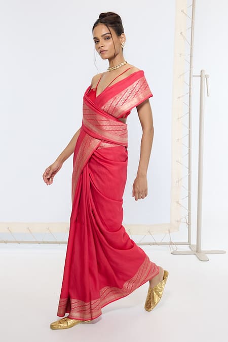 Shop_Ekaya Banaras_Pink Silk Zari Kadwa Saree With Running Blouse _Online_at_Aza_Fashions