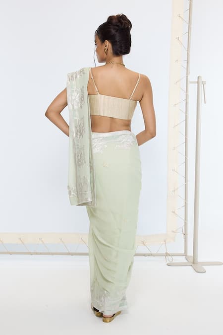 Ekaya Banaras_Green Georgette, Silk Embroidery Kadwa Hand Saree With Running Blouse _Online_at_Aza_Fashions