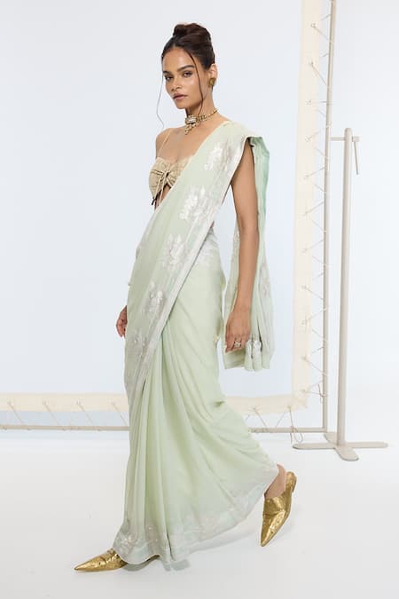 Buy_Ekaya Banaras_Green Georgette, Silk Embroidery Kadwa Hand Saree With Running Blouse _Online_at_Aza_Fashions