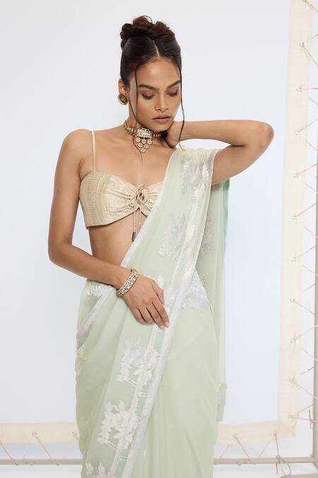 Shop_Ekaya Banaras_Green Georgette, Silk Embroidery Kadwa Hand Saree With Running Blouse _Online_at_Aza_Fashions
