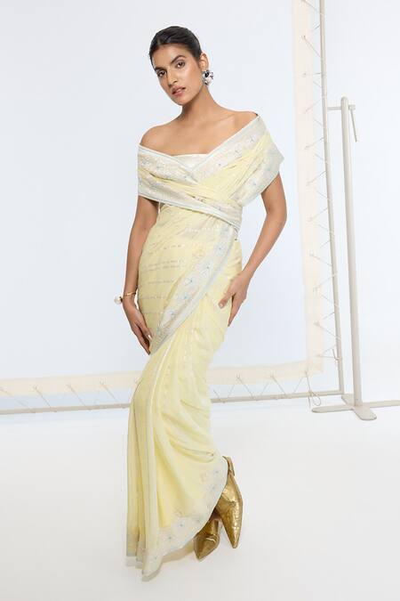 Buy_Ekaya Banaras_Yellow Georgette, Silk Embroidery Kadwa Hand Saree With Running Blouse _Online_at_Aza_Fashions