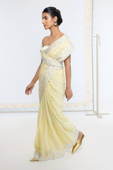 Shop_Ekaya Banaras_Yellow Georgette, Silk Embroidery Kadwa Hand Saree With Running Blouse _Online_at_Aza_Fashions
