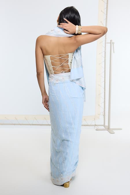 Ekaya Banaras Blue Georgette, Silk Embroidery Kadwa Hand Saree With Running Blouse Online at Aza Fashions Ekaya Banaras_Blue Georgette, Silk Embroidery Kadwa Hand Saree With Running Blouse _Online_at_Aza_Fashions