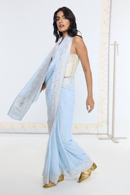 Ekaya Banaras Blue Georgette, Silk Embroidery Kadwa Hand Saree With Running Blouse at Aza Fashions Ekaya Banaras_Blue Georgette, Silk Embroidery Kadwa Hand Saree With Running Blouse _at_Aza_Fashions