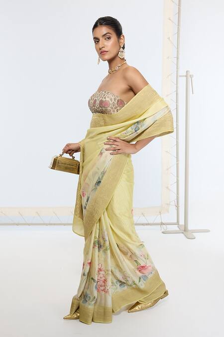Buy_Ekaya Banaras_Yellow Crepe Printed Saree With Running Blouse _Online_at_Aza_Fashions