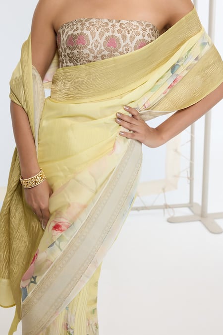 Shop_Ekaya Banaras_Yellow Crepe Printed Saree With Running Blouse _Online_at_Aza_Fashions