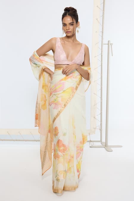 Ekaya Banaras Yellow Printed Crepe Saree With Running Blouse 