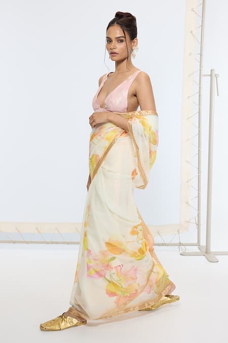 Buy_Ekaya Banaras_Yellow Crepe Printed Saree With Running Blouse _Online_at_Aza_Fashions