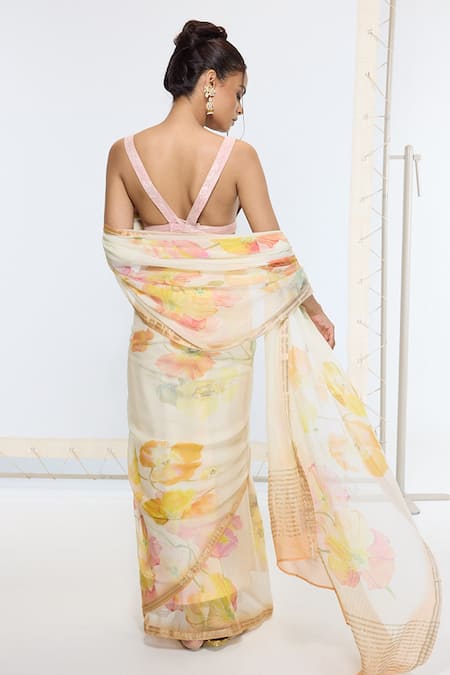 Ekaya Banaras Yellow Printed Crepe Saree With Running Blouse 