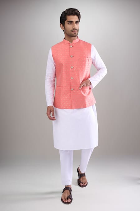 Arihant Rai Sinha Peach Poly Jacquard Bundi 