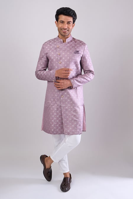 Buy_Arihant Rai Sinha_Pink Polyester, Viscose Woven Jacquard Sherwani And White Pant Set 