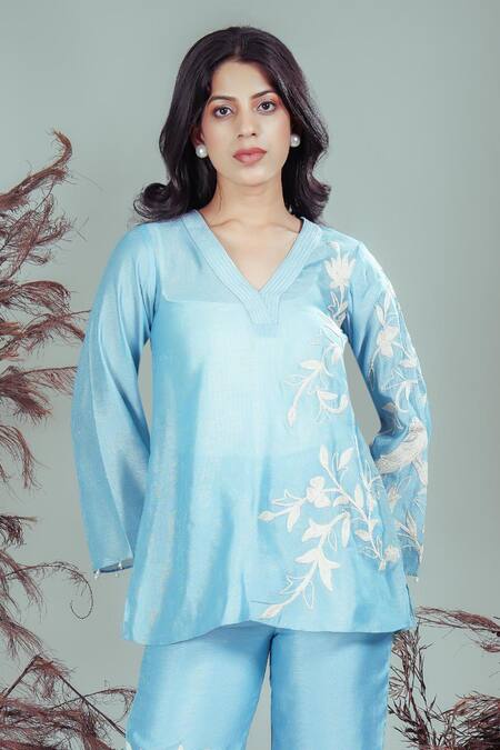 Shop_Rirasa_Sky Blue Embroidery V-neck Hand Tunic Pant Set _Online_at_Aza_Fashions