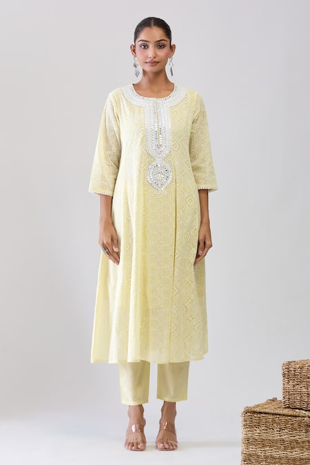 Buy Samyukta Singhania Lime Cotton Sequins, Embroidery Round Neck Green Mulmul Anarkali Set Buy_Samyukta Singhania_Lime Cotton Sequins, Embroidery Round Neck Green Mulmul Anarkali Set