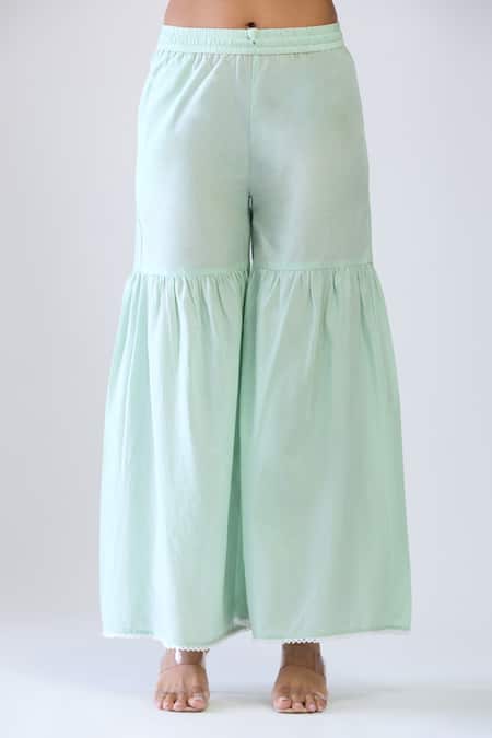 Buy_Samyukta Singhania_Green Cotton Embroidery Round Neck Pista Jacquard Sharara Set 