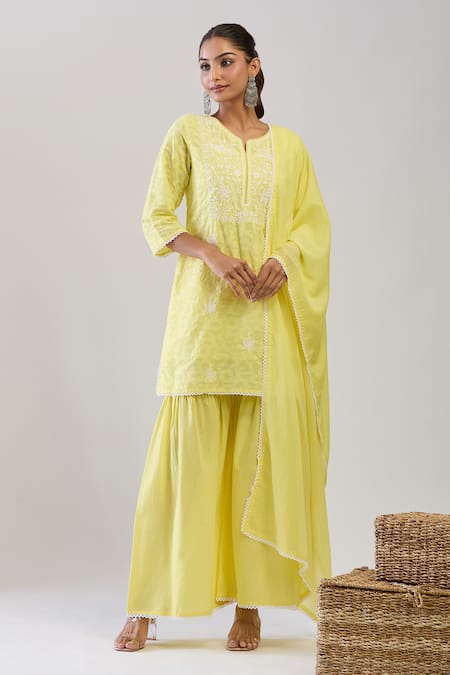 Samyukta Singhania Yellow Jacquard Weave Cotton Sharara Set 