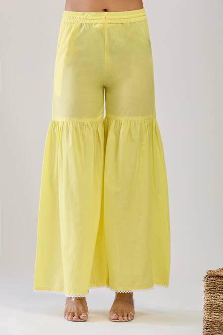 Samyukta Singhania_Yellow Cotton, Jacquard Embroidery Round Neck Weave Sharara Set _at_Aza_Fashions