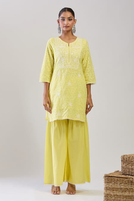 Buy_Samyukta Singhania_Yellow Cotton, Jacquard Embroidery Round Neck Weave Sharara Set 