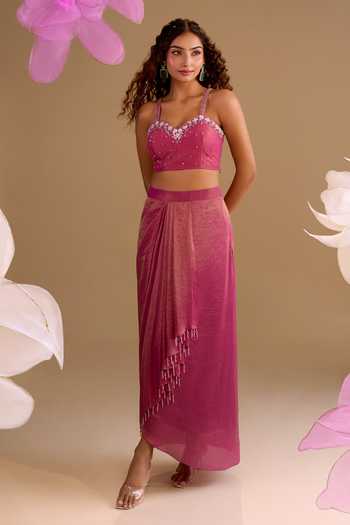 Buy_Samyukta Singhania_Pink Organza Embroidery, Sequins V-, Sweetheart Hand Jacket Set_Online_at_Aza_Fashions