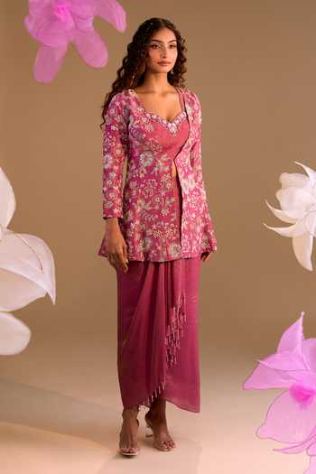 Samyukta Singhania_Pink Organza Embroidery, Sequins V-, Sweetheart Hand Jacket Set_at_Aza_Fashions