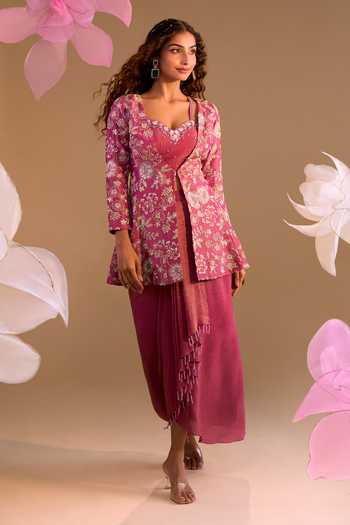 Buy_Samyukta Singhania_Pink Organza Embroidery, Sequins V-, Sweetheart Hand Jacket Set