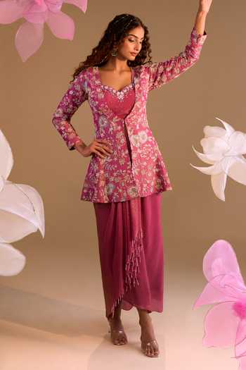 Shop_Samyukta Singhania_Pink Organza Embroidery, Sequins V-, Sweetheart Hand Jacket Set