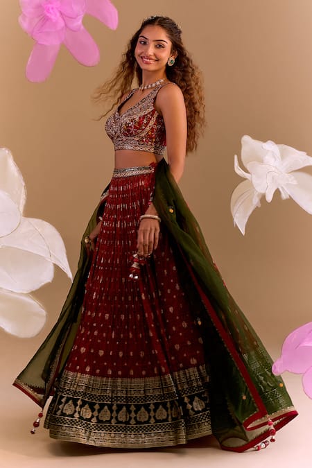 Buy Samyukta Singhania Red Silk, Brocade Embroidery Round Neck Hand Lehenga Set Online at Aza Fashions Buy_Samyukta Singhania_Red Silk, Brocade Embroidery Round Neck Hand Lehenga Set _Online_at_Aza_Fashions