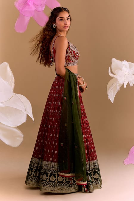 Shop Samyukta Singhania Red Silk, Brocade Embroidery Round Neck Hand Lehenga Set Online at Aza Fashions Shop_Samyukta Singhania_Red Silk, Brocade Embroidery Round Neck Hand Lehenga Set _Online_at_Aza_Fashions