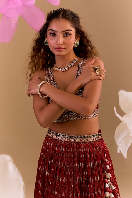 Samyukta Singhania Red Silk, Brocade Embroidery Round Neck Hand Lehenga Set at Aza Fashions Samyukta Singhania_Red Silk, Brocade Embroidery Round Neck Hand Lehenga Set _at_Aza_Fashions