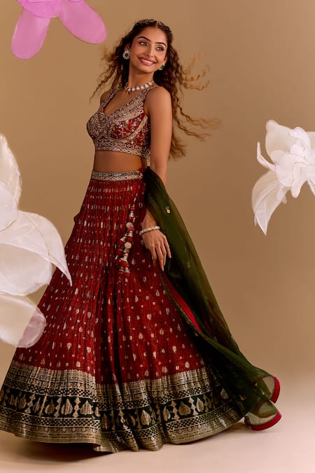 Shop Samyukta Singhania Red Silk, Brocade Embroidery Round Neck Hand Lehenga Set Shop_Samyukta Singhania_Red Silk, Brocade Embroidery Round Neck Hand Lehenga Set