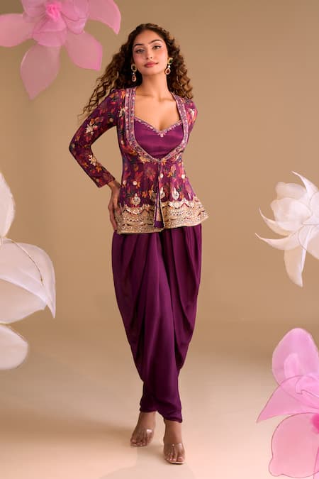 Samyukta Singhania Purple Georgette Sequins, Embroidery Scoop Neck, Hand Dhoti Pant Set at Aza Fashions Samyukta Singhania_Purple Georgette Sequins, Embroidery Scoop Neck, Hand Dhoti Pant Set _at_Aza_Fashions