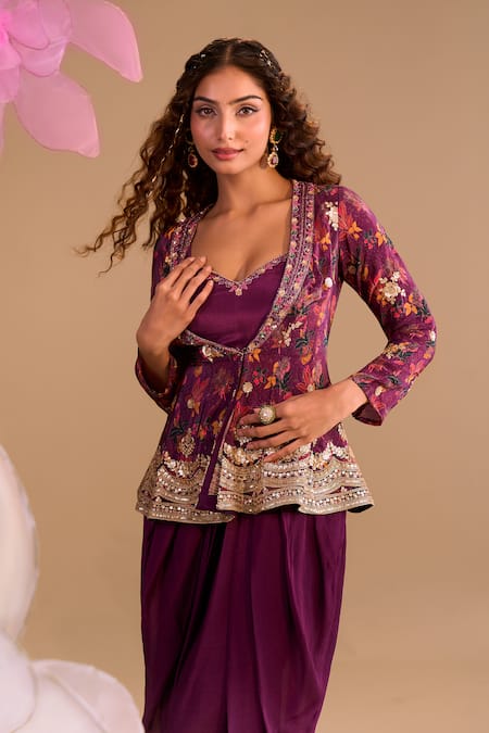 Shop Samyukta Singhania Purple Georgette Sequins, Embroidery Scoop Neck, Hand Dhoti Pant Set Shop_Samyukta Singhania_Purple Georgette Sequins, Embroidery Scoop Neck, Hand Dhoti Pant Set