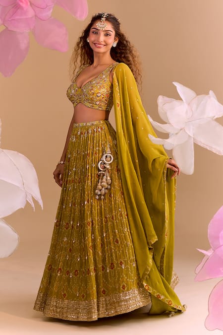 Buy_Samyukta Singhania_Green Silk Sequins, Embroidery Round Neck Hand Lehenga Set _Online_at_Aza_Fashions