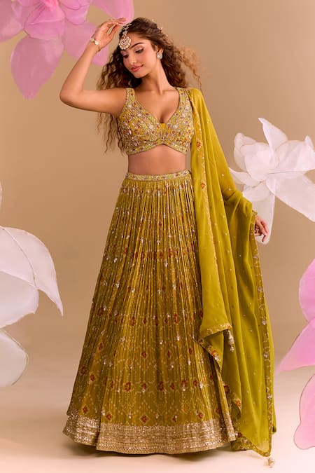 Shop_Samyukta Singhania_Green Silk Sequins, Embroidery Round Neck Hand Lehenga Set _Online_at_Aza_Fashions