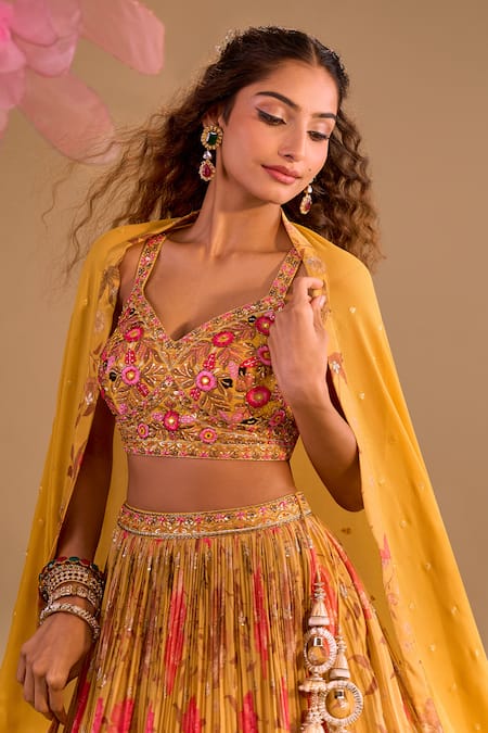 Shop Samyukta Singhania Yellow Silk, Chiffon Embroidery Round Neck Hand Lehenga Set Shop_Samyukta Singhania_Yellow Silk, Chiffon Embroidery Round Neck Hand Lehenga Set