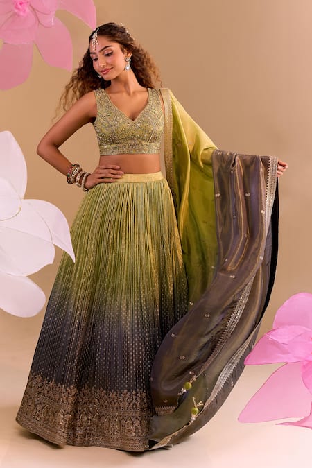 Samyukta Singhania_Green Silk Tassels, Embroidery Round Neck Hand Lehenga Set _Online_at_Aza_Fashions