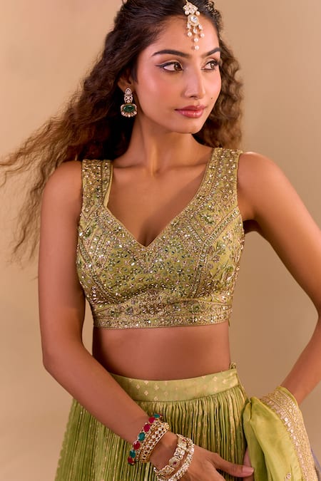 Shop_Samyukta Singhania_Green Silk Tassels, Embroidery Round Neck Hand Lehenga Set _Online_at_Aza_Fashions