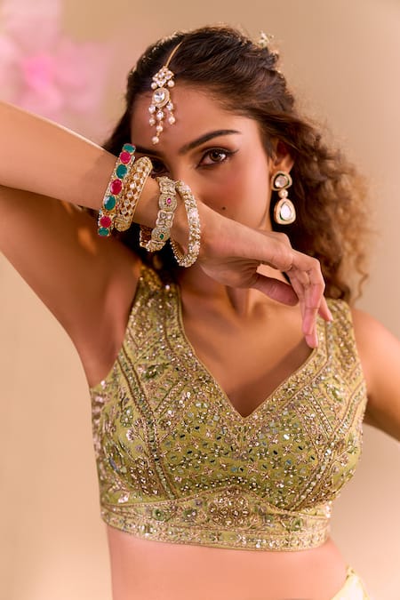 Samyukta Singhania_Green Silk Tassels, Embroidery Round Neck Hand Lehenga Set _at_Aza_Fashions