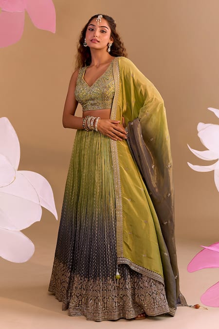 Buy_Samyukta Singhania_Green Silk Tassels, Embroidery Round Neck Hand Lehenga Set 