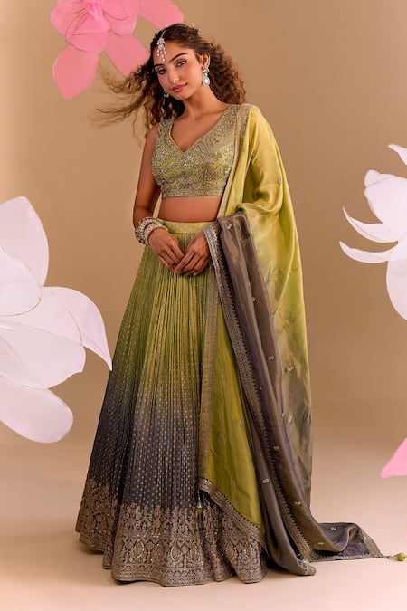 Samyukta Singhania Green Silk Tassels, Embroidery Round Neck Hand Lehenga Set