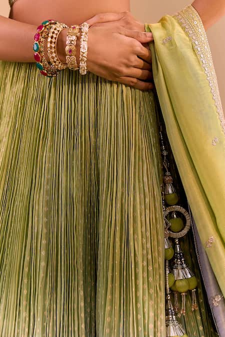 Shop_Samyukta Singhania_Green Silk Tassels, Embroidery Round Neck Hand Lehenga Set 