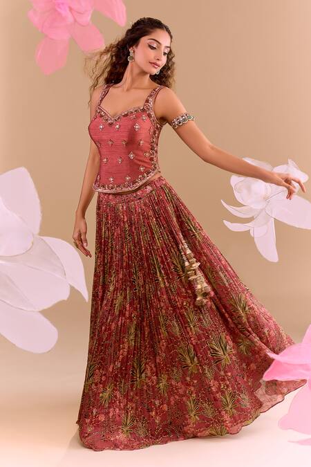Samyukta Singhania_Peach Chiffon, Silk, Tissue Sequins, Embroidery Sweetheart Hand Lehenga Set_Online_at_Aza_Fashions