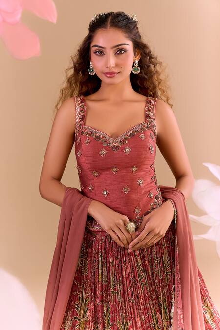 Samyukta Singhania_Peach Chiffon, Silk, Tissue Sequins, Embroidery Sweetheart Hand Lehenga Set_at_Aza_Fashions