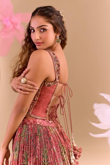 Buy_Samyukta Singhania_Peach Chiffon, Silk, Tissue Sequins, Embroidery Sweetheart Hand Lehenga Set