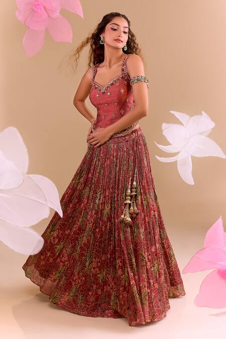 Shop_Samyukta Singhania_Peach Chiffon, Silk, Tissue Sequins, Embroidery Sweetheart Hand Lehenga Set